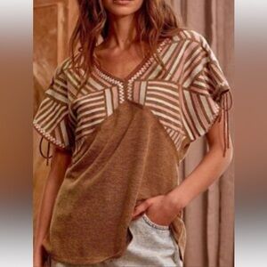 SAVANNA JANE BROWN & PINK BABYDOLL HIGH-LOW EMBROIDERED V-NECK CASUAL TOP SZ S